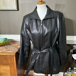 Ladies Outbrook heavy leather zip up mid length jacket with leather tie. Black.